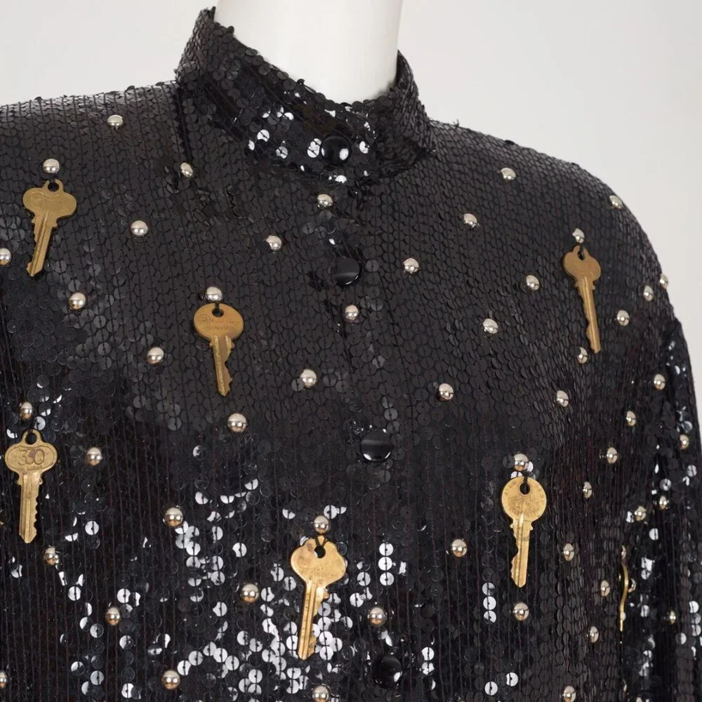 Jeanette Kastenberg 1980s Key Embellished Black Sequin Bomber Jacket & Dress Set - Picture 3 of 6